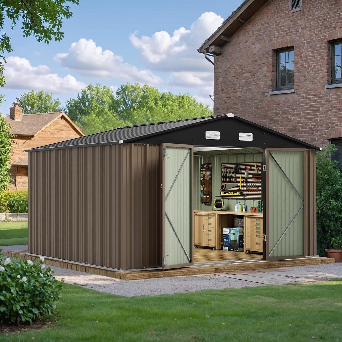 JUMMICO 10 x 8 FT Outdoor Storage Shed, Large Metal Garden Shed & Tool Sheds for Backyard Garden Patio Lawn (Brown)