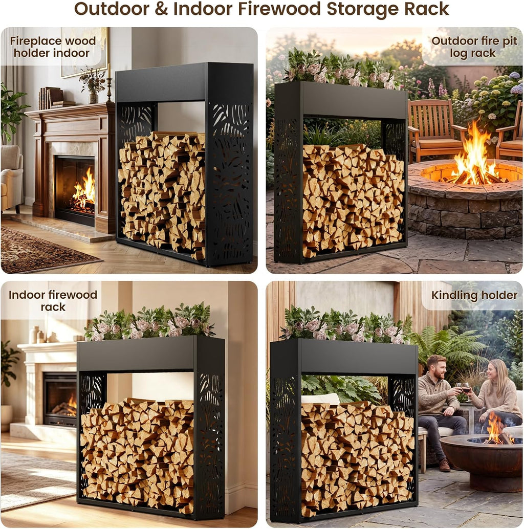 4ft firewood rack outdoor, fire wood log storage, front angle view