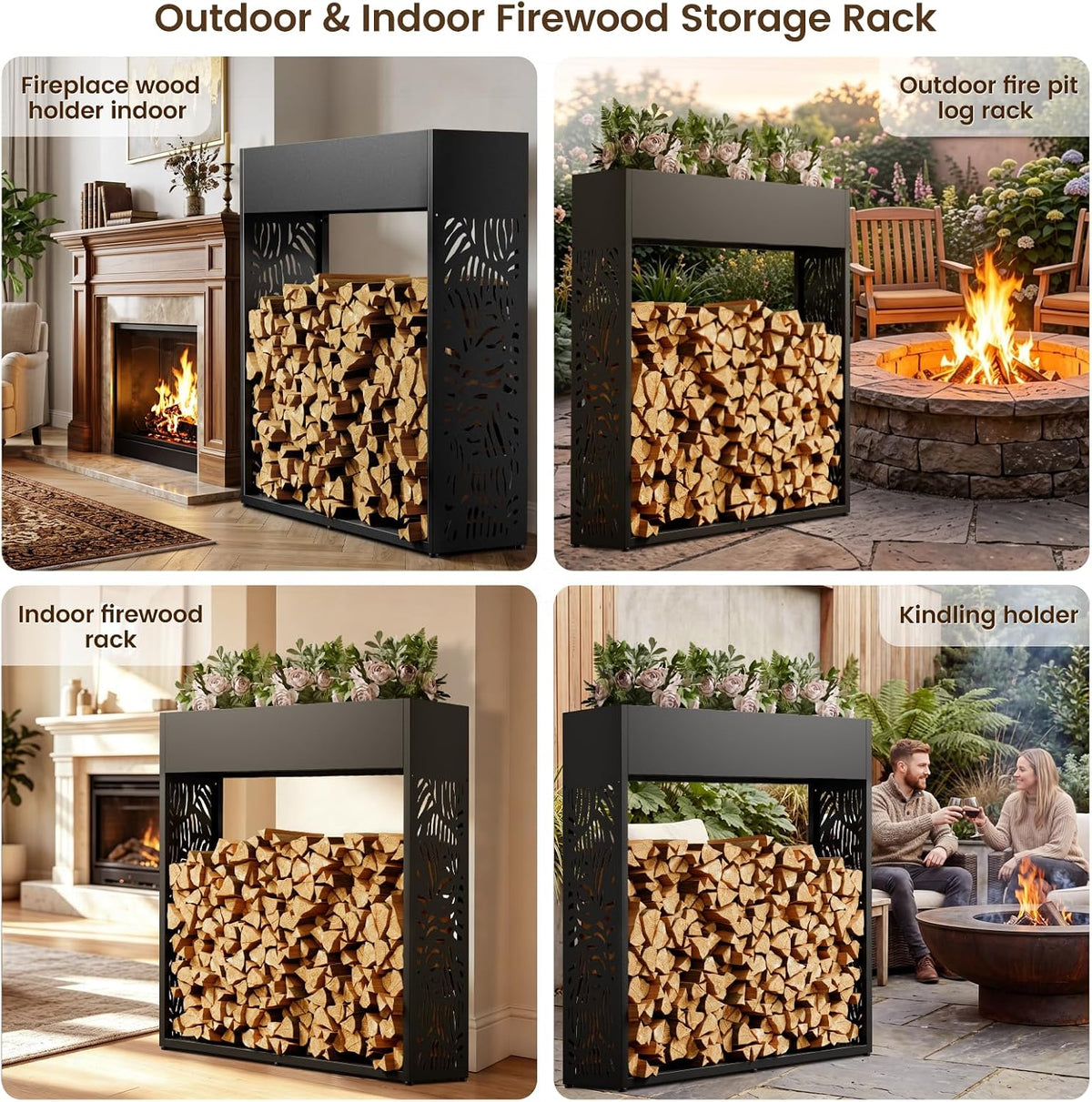 4ft firewood rack outdoor, fire wood log storage, front angle view