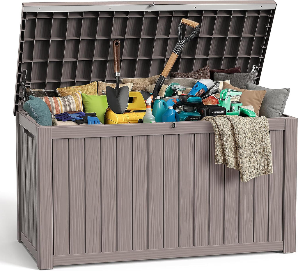 ROJIK Outdoor Storage Housing Deck Box,Waterproof Patio Furniture, Garden Tools,Cushions,Pool Accessories Storage Bench with Lockable Lid and Side Handles (Grey,280 Gal)