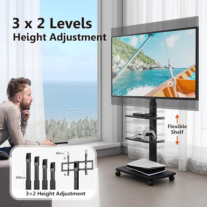 FITUEYES Swivel Rolling TV Stand, Height Adjustable Mobile TV Cart
