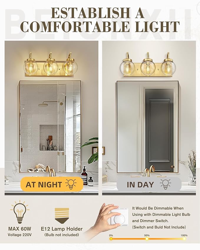 Beionxii Bathroom Vanity Light, 3-Light Brushed Gold Bathroom Light Fixtures