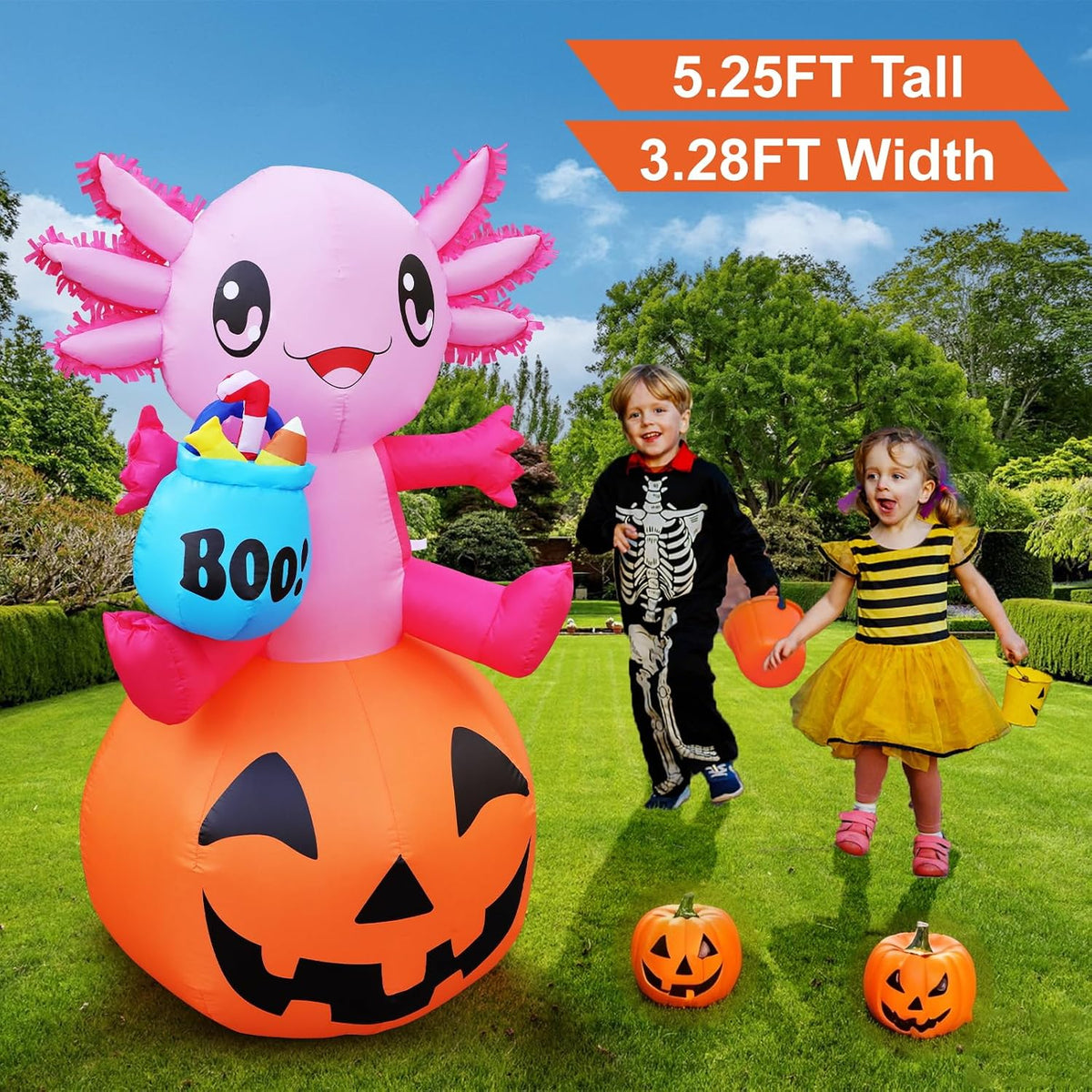 anroog Halloween Decorations Outdoor 5.2FT Axolotl Inflatables Pumpkin Blow Up Yard Decorations with LED Lights Halloween Outside Lawn Party Decor (Axolotl Pumpkin Inflatables)