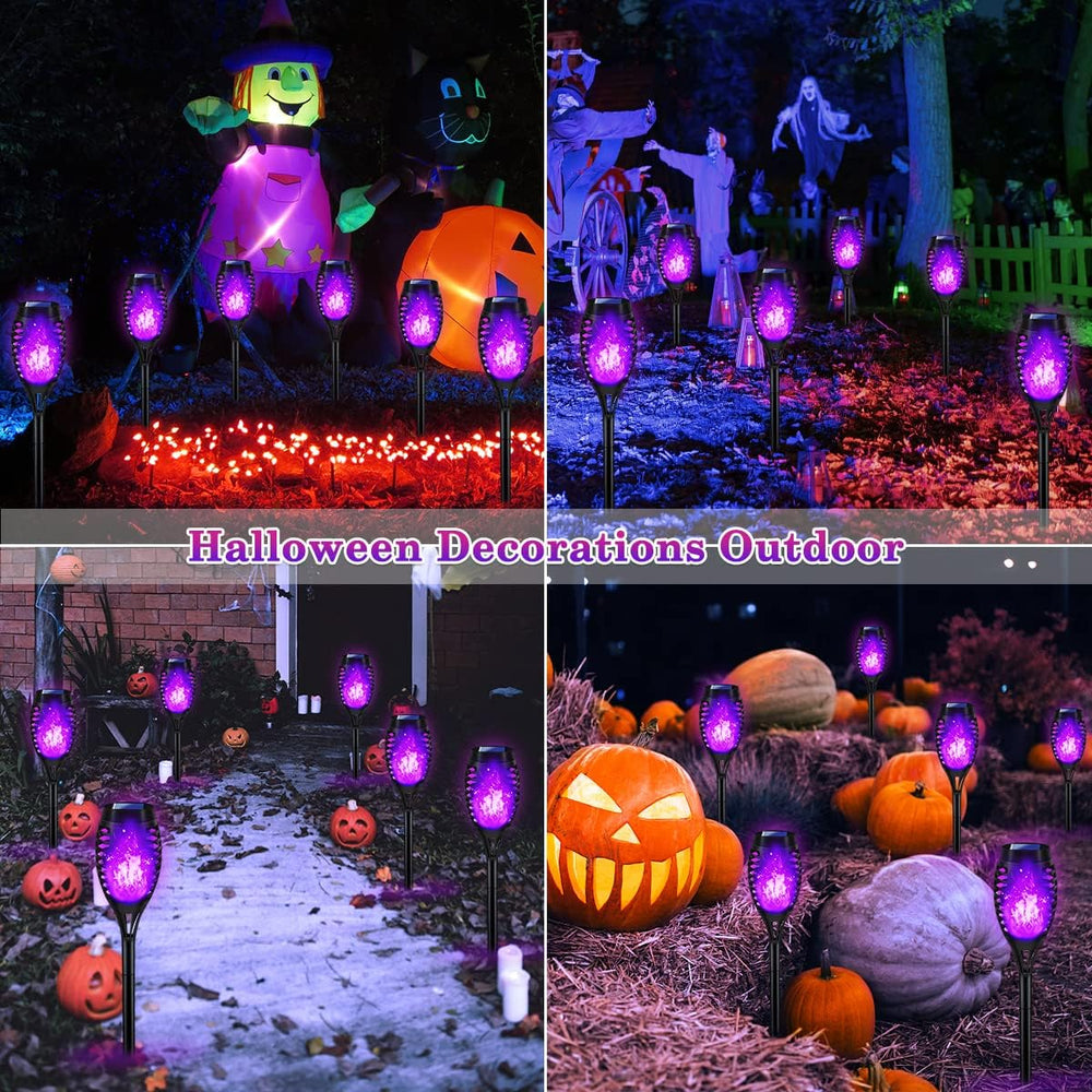 12P Purple Flame Solar Halloween Lights for Halloween Decorations Outdoor