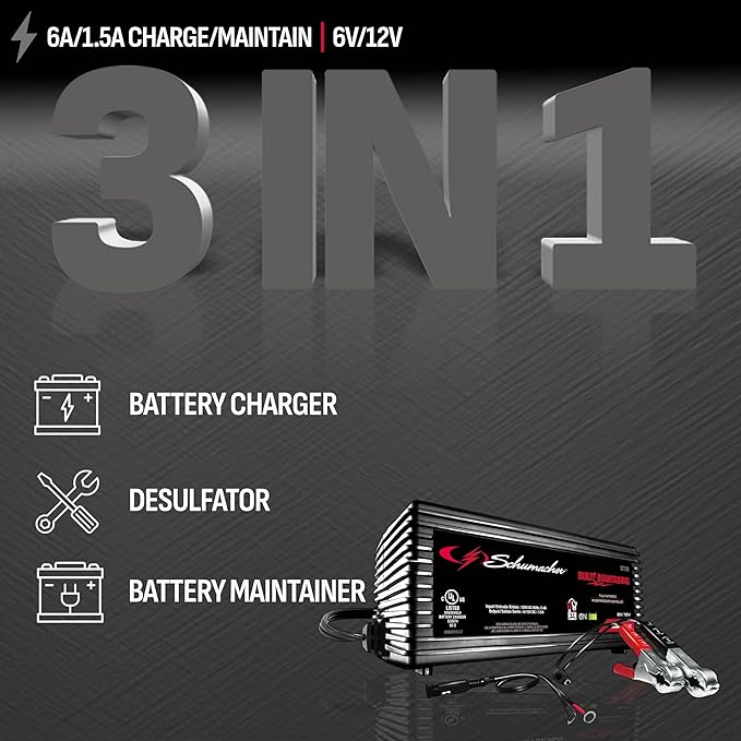 Schumacher Electric 1.5A Car Battery Charger and Maintainer, 3-in-1 Solution
