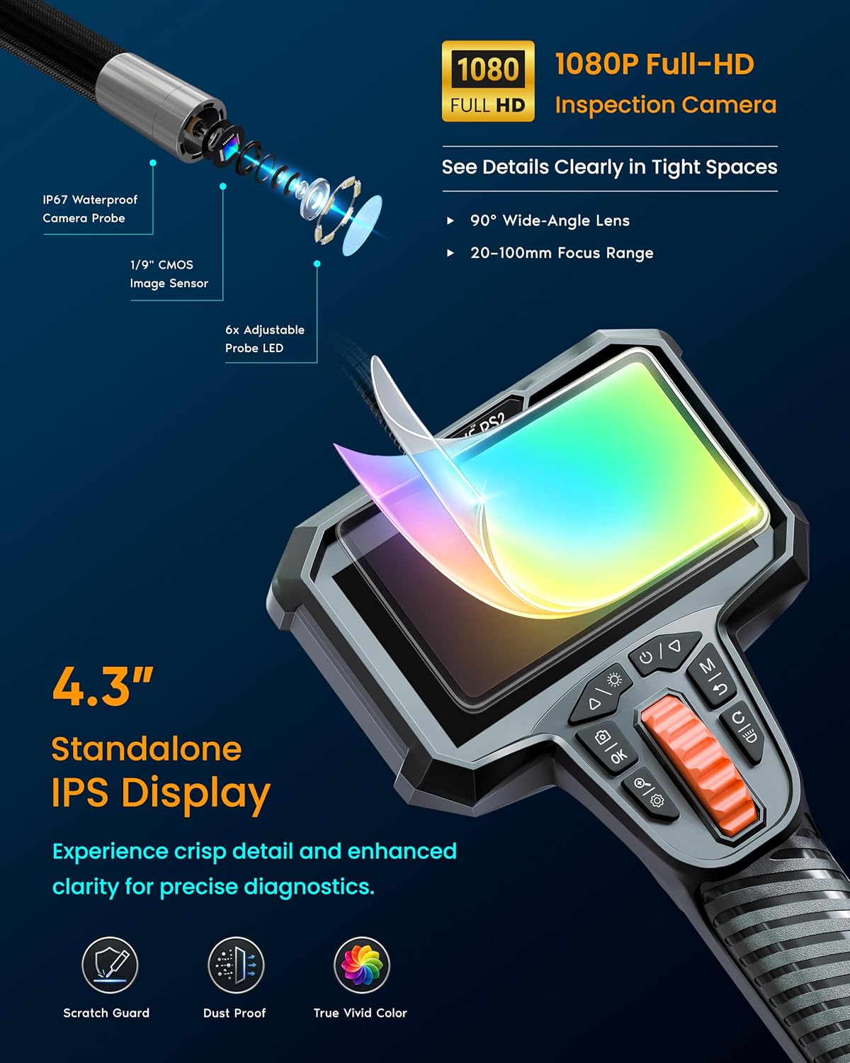 rove rs2 articulating borescope camera with light, 2-way, package contents