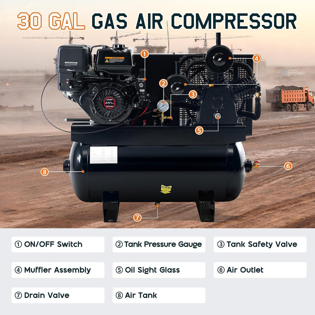 Albott 13HP Gas Air Compressor 30 Gallon Portable Horizontal Tank