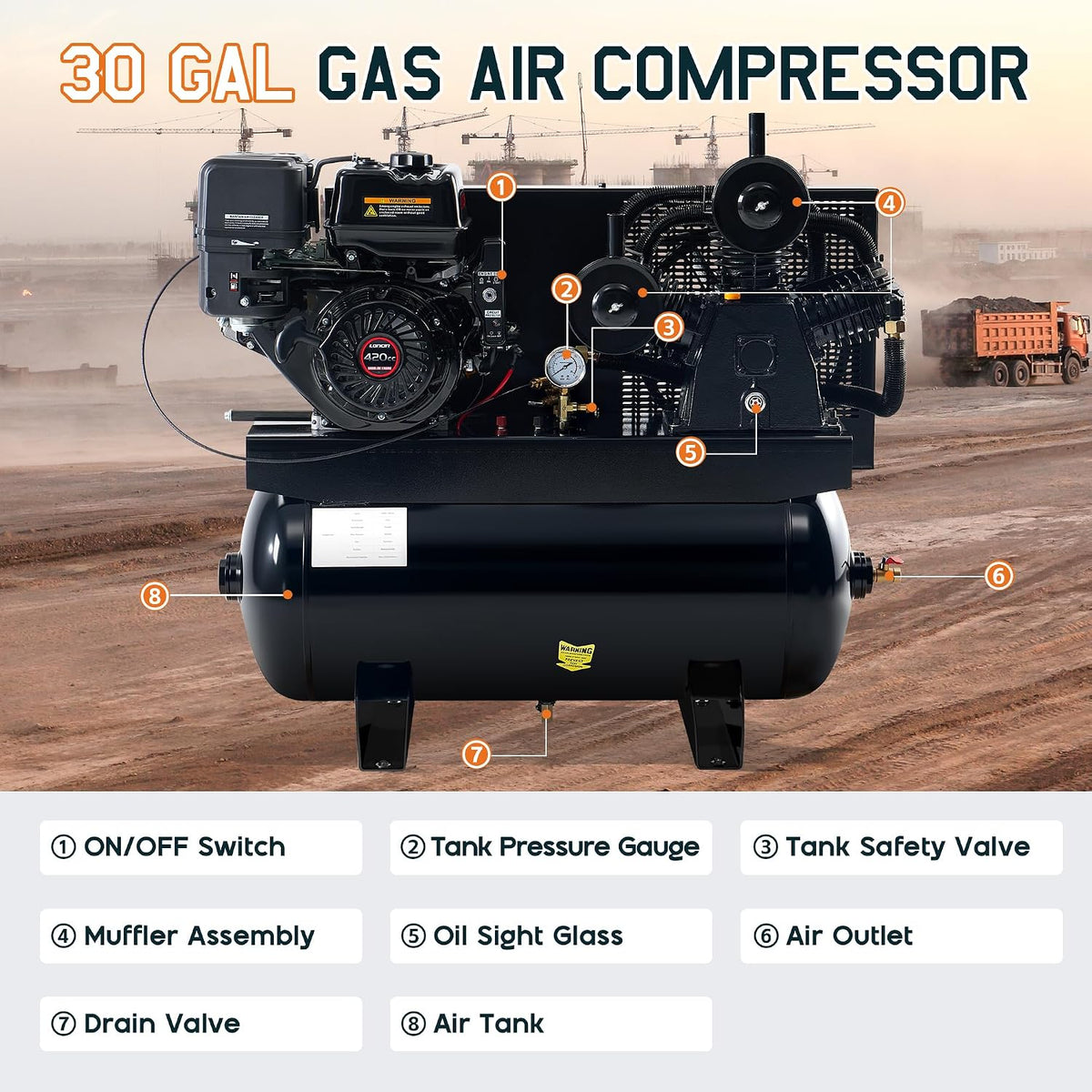Albott 13HP Gas Air Compressor 30 Gallon Portable Horizontal Tank