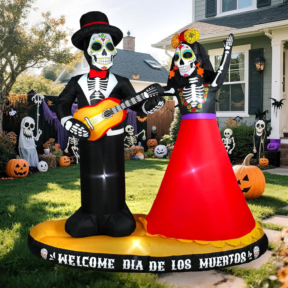6 FT Halloween Inflatables Decor Day of The Dead Spooky Sugar Skull Couple Al...