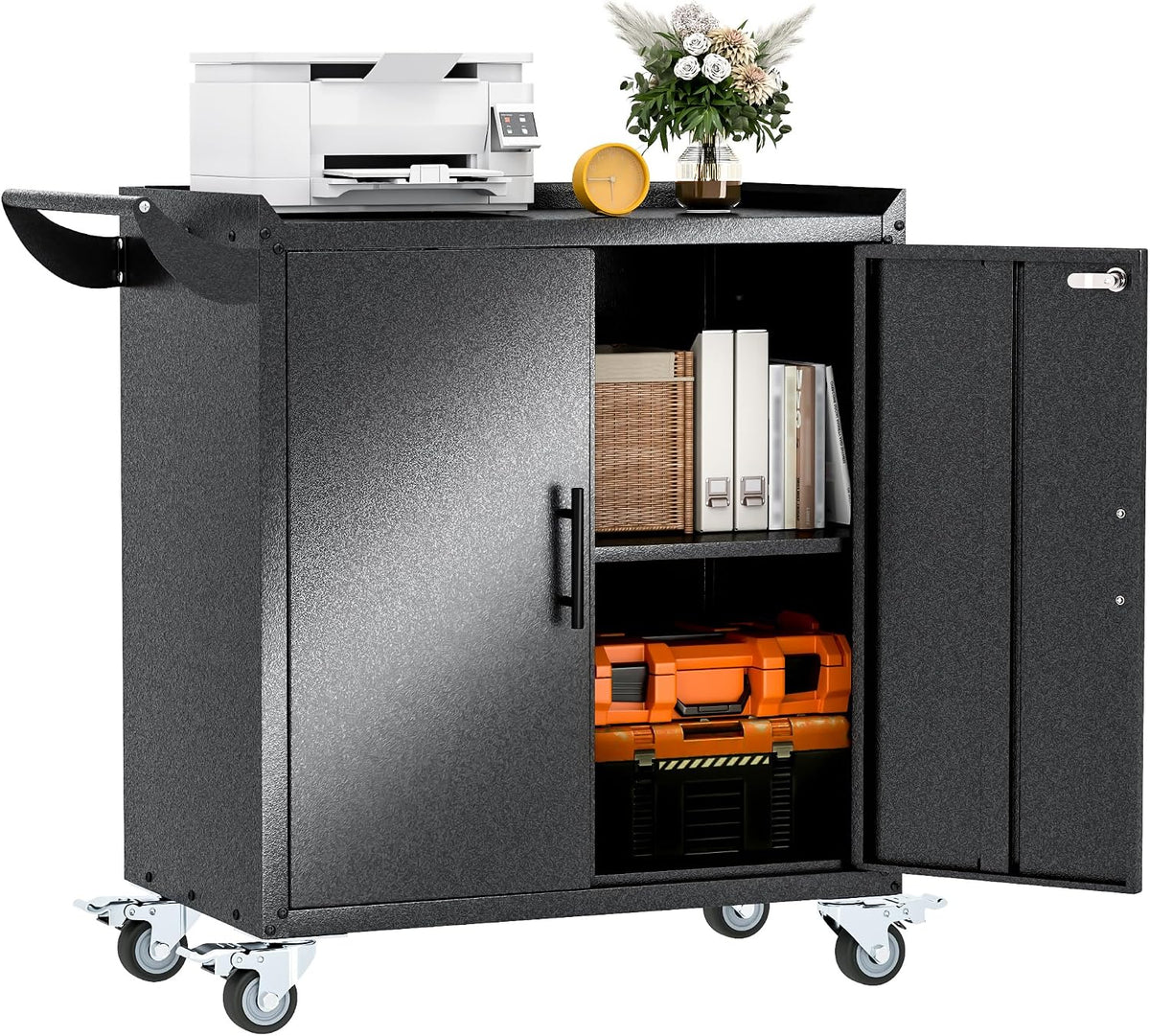 paofin metal lockable garage cabinet with 2 adjustable shown in use