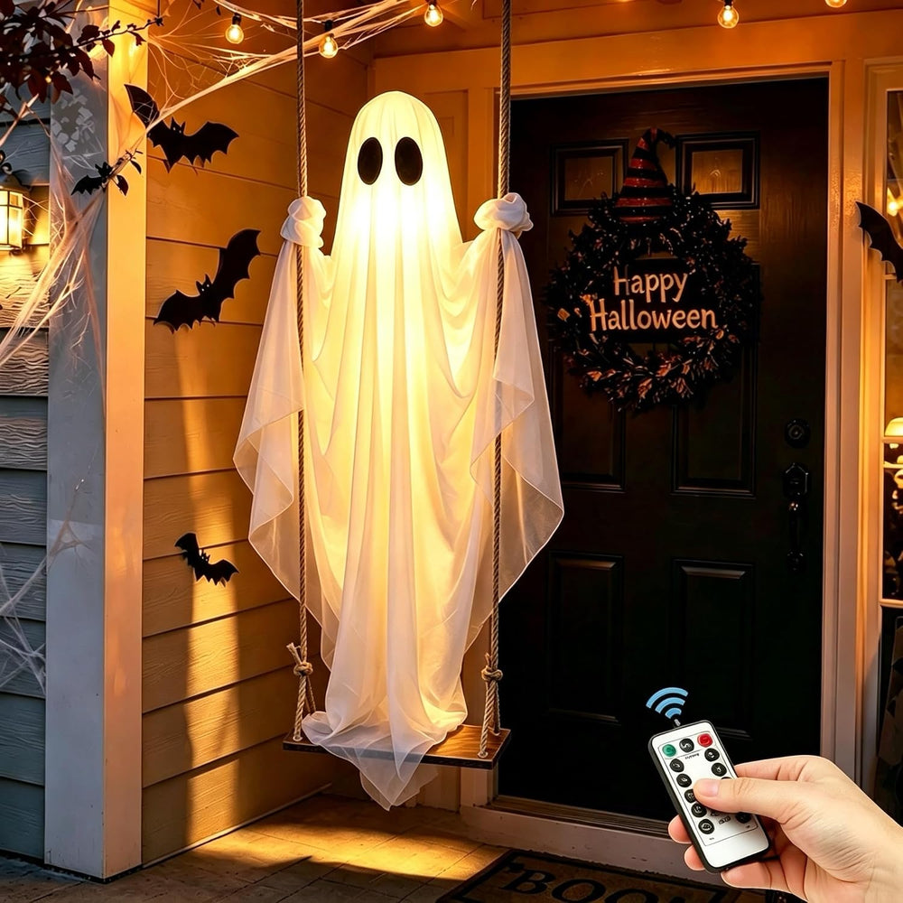 Halloween Decorations Outdoor – Hanging Swing Ghost 4-8FT, Remote Light Up