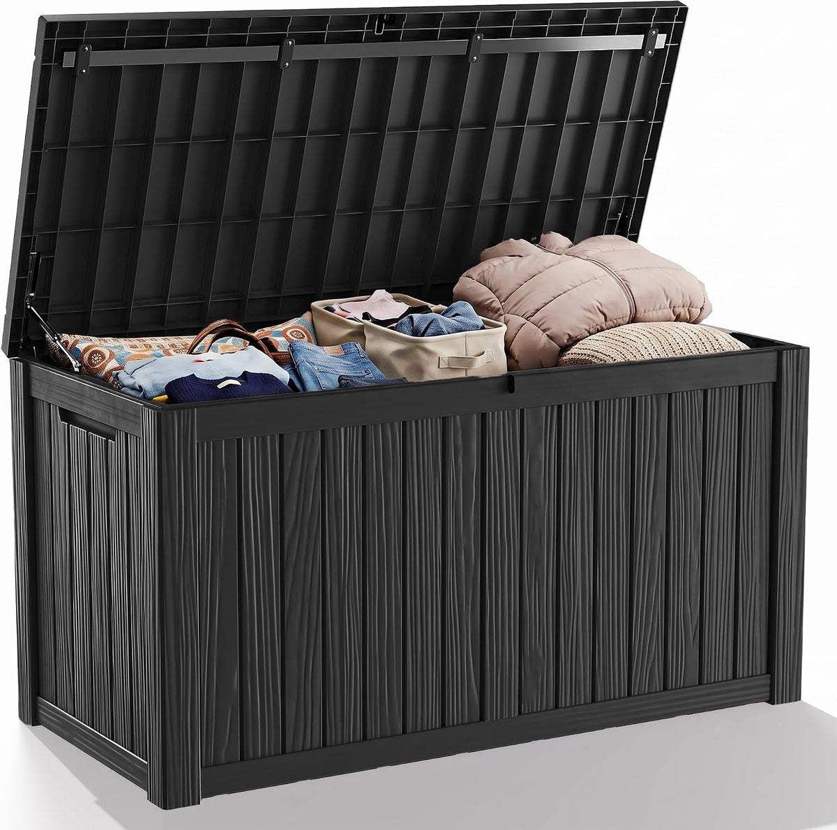 ROJIK 220 Gallon Waterproof Outdoor Deck Storage Box, UV Resistant， Lockable Resin Patio Storage Bin with Lid for Garden Tools, Patio Cushions & Outdoor Accessories(Black)