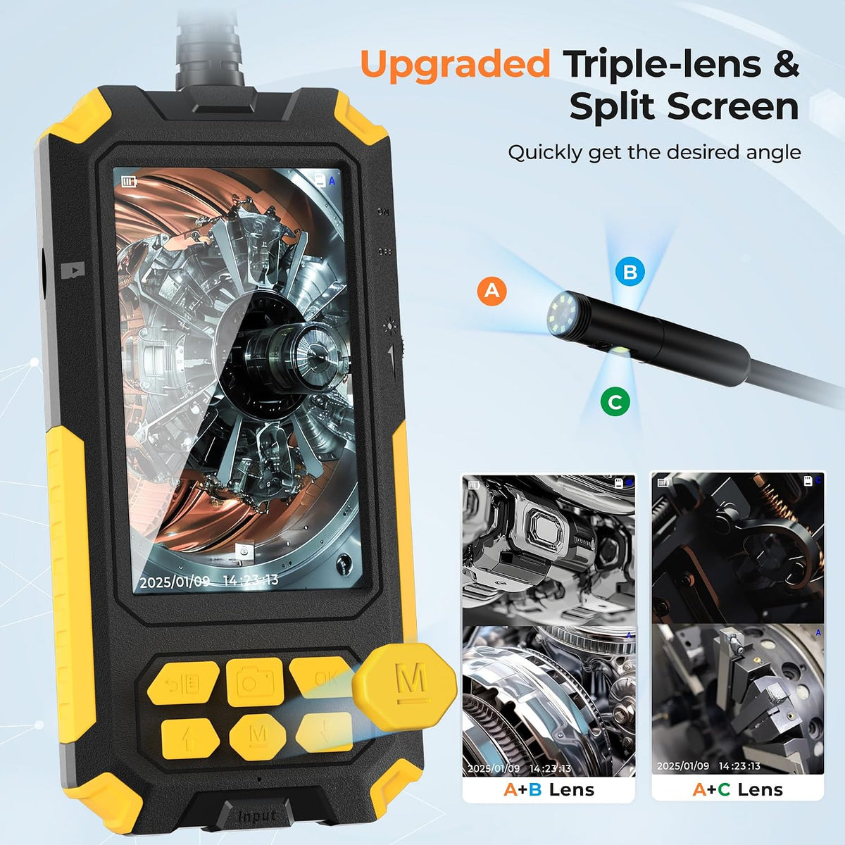 Triple-Lens Endoscope Camera with Light, Tool Mens Gifts for Fathers, Dad, Husbands, 1080P Borescope with 32GB Card, IP68 & 4.5" Sewer Inspection Camera with 16.5FT Semi-Rigid Cable