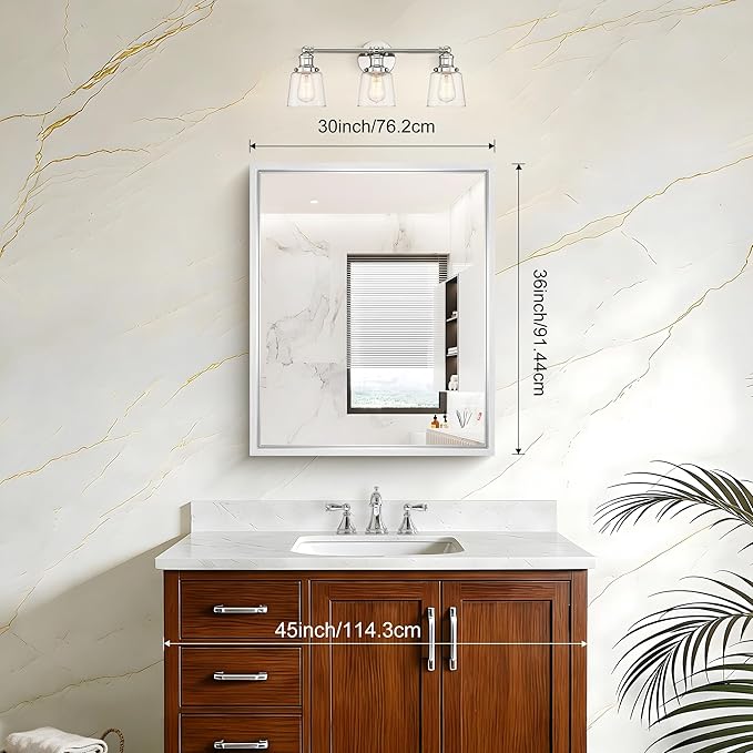 Silver Bathroom Mirror, 36 x 30 Inch Rectangular Wall Mirror 0.6" Thickened