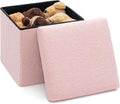 Folding Storage Ottoman Bench, 15 Inch Boucle Small Ottoman Foot Rest for Couch, End of Bed Bench with 397 lb Capacity, Storage Chest for Living Room, Bedroom, Entryway Pink