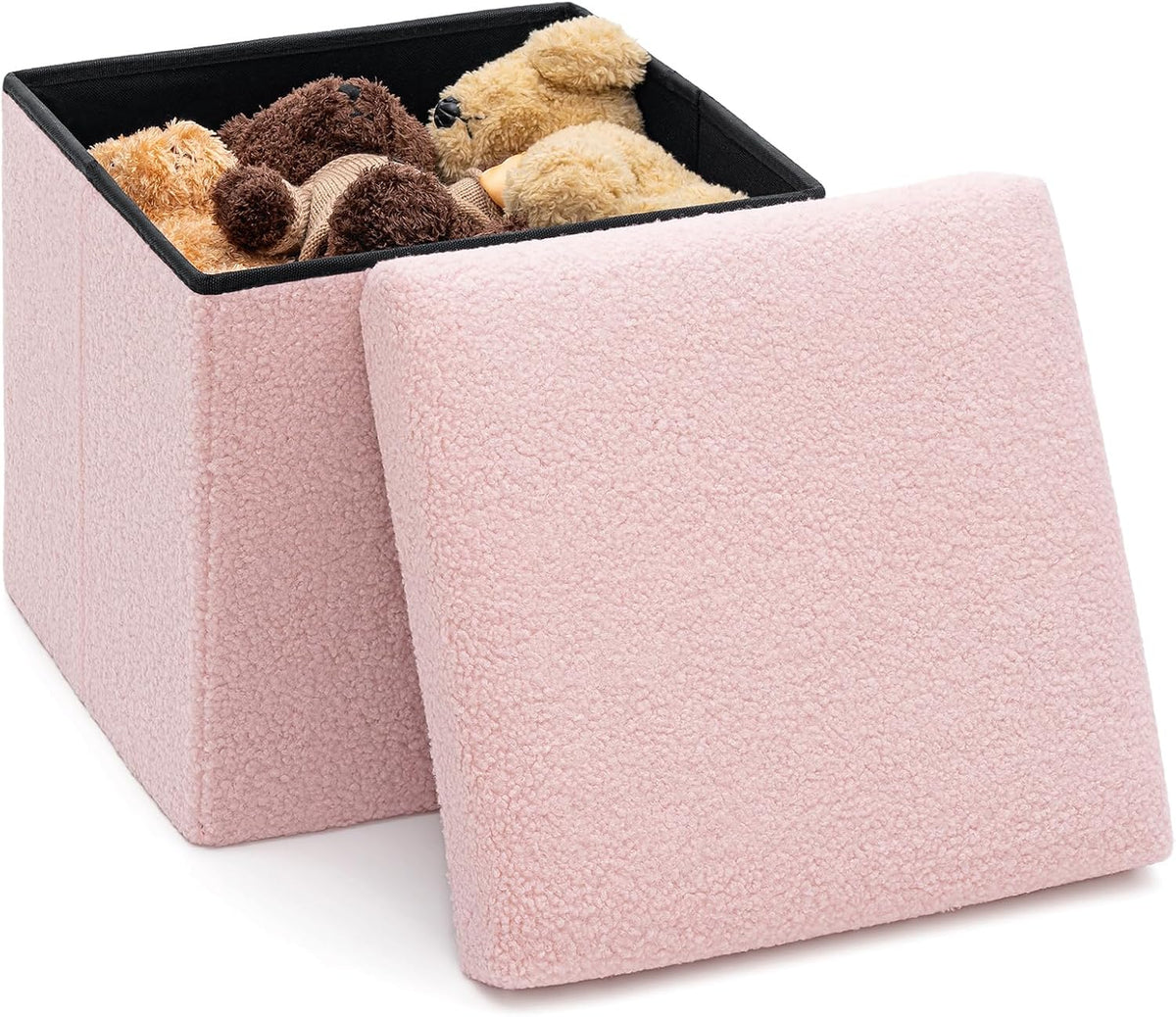 Folding Storage Ottoman Bench, 15 Inch Boucle Small Ottoman Foot Rest for Couch, End of Bed Bench with 397 lb Capacity, Storage Chest for Living Room, Bedroom, Entryway Pink