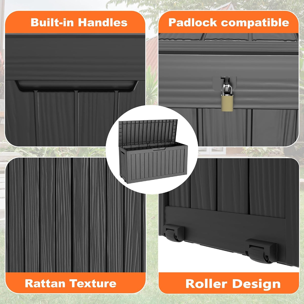 patiozen 75 gallon resin deck box,waterproof outside storage shown in use