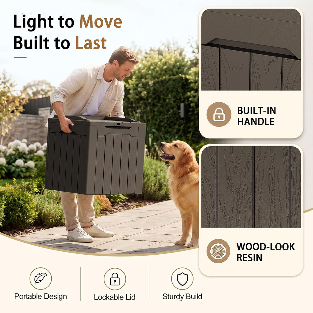 jummico 31 gallon resin deck box waterproof outdoor shown in use