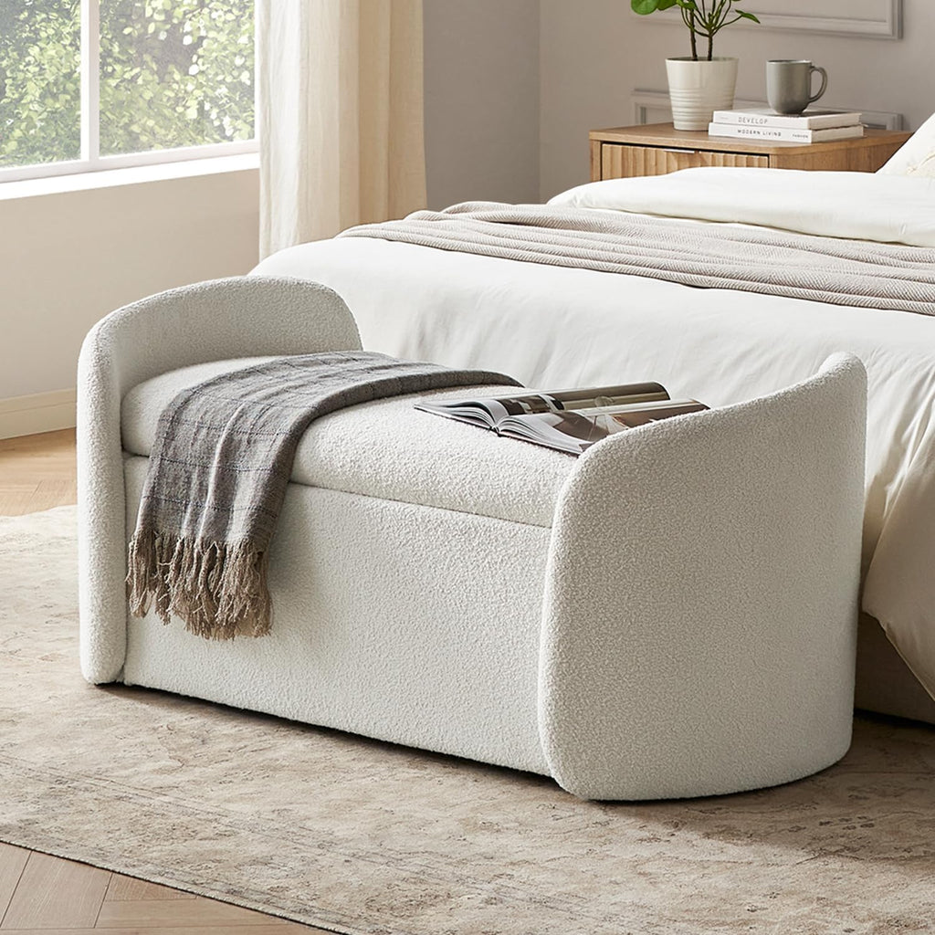 mopio Sophie 51" Ottoman Storage Bench, Entryway and Window Seating, End of Bed Curved Stool for King & Queen Bed, Storage Chest for Bedroom (Pearl White Boucle)