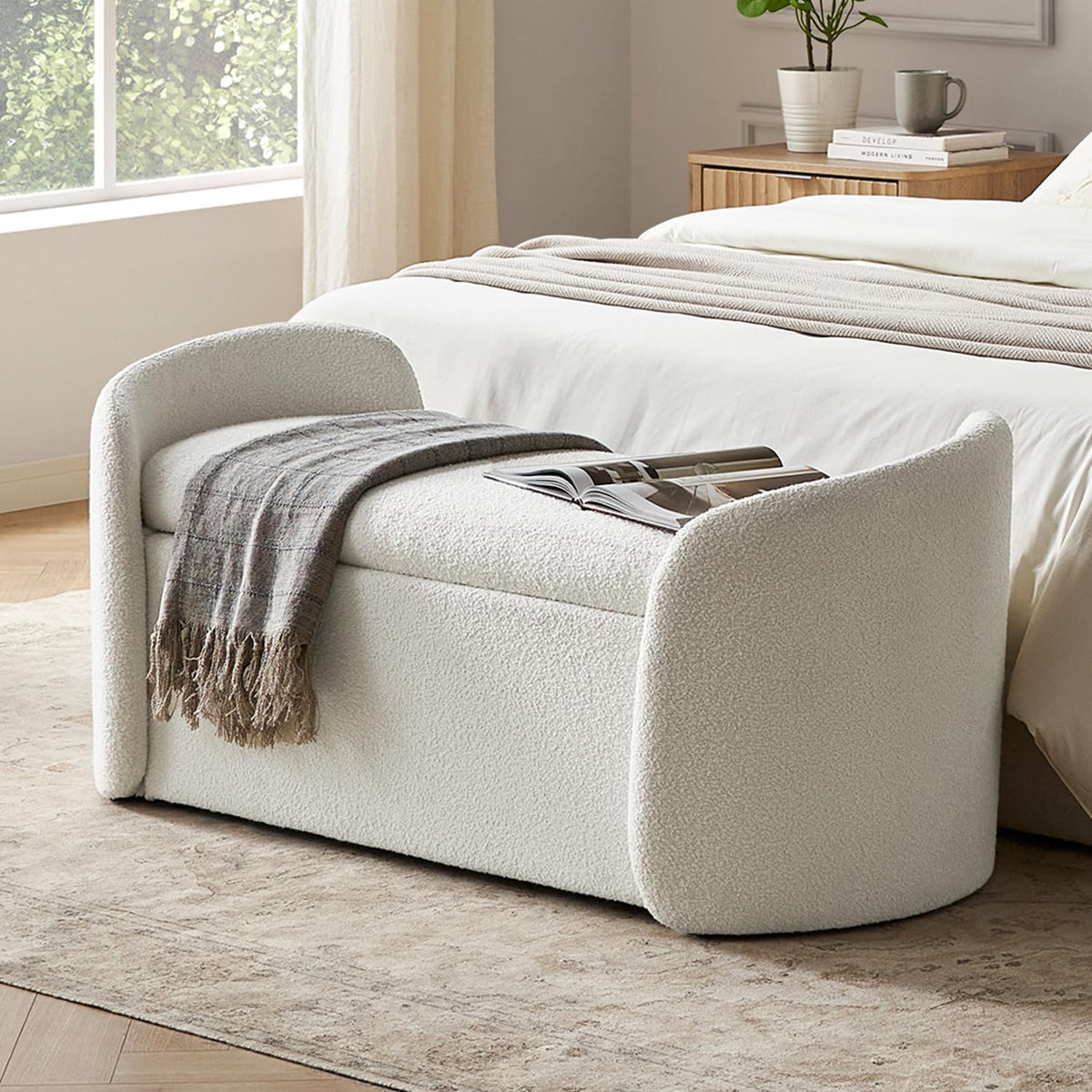 mopio Sophie 51" Ottoman Storage Bench, Entryway and Window Seating, End of Bed Curved Stool for King & Queen Bed, Storage Chest for Bedroom (Pearl White Boucle)