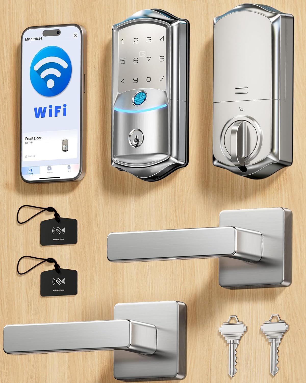Veise VE027-L WiFi Smart Lock with Handles Set for Front Door, Satin Nickel