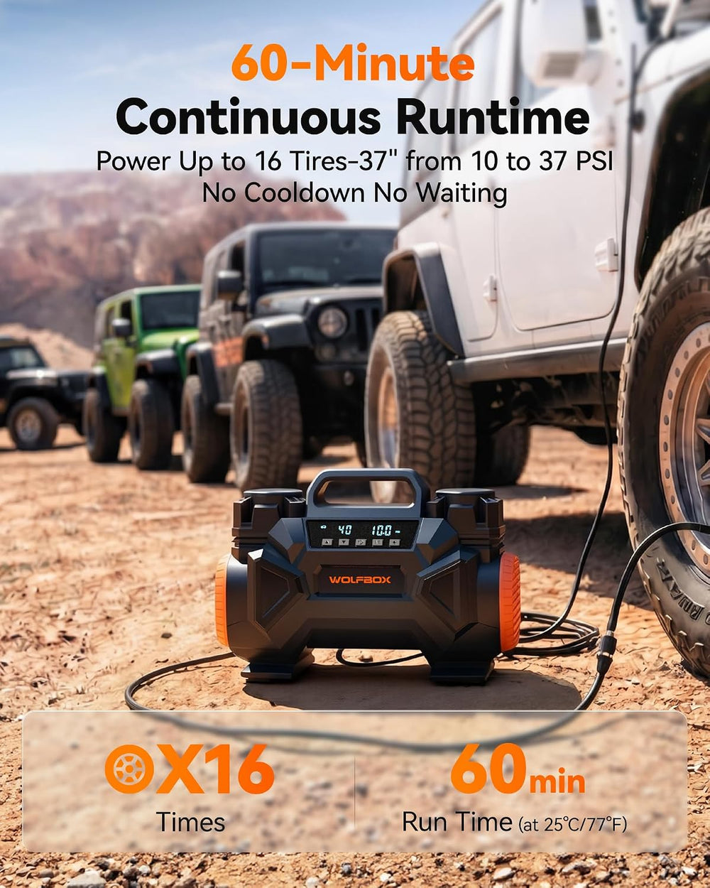 WOLFBOX HyperFlow60D 12V Portable Air Compressor, 60-Minute Runtime Offroad A...