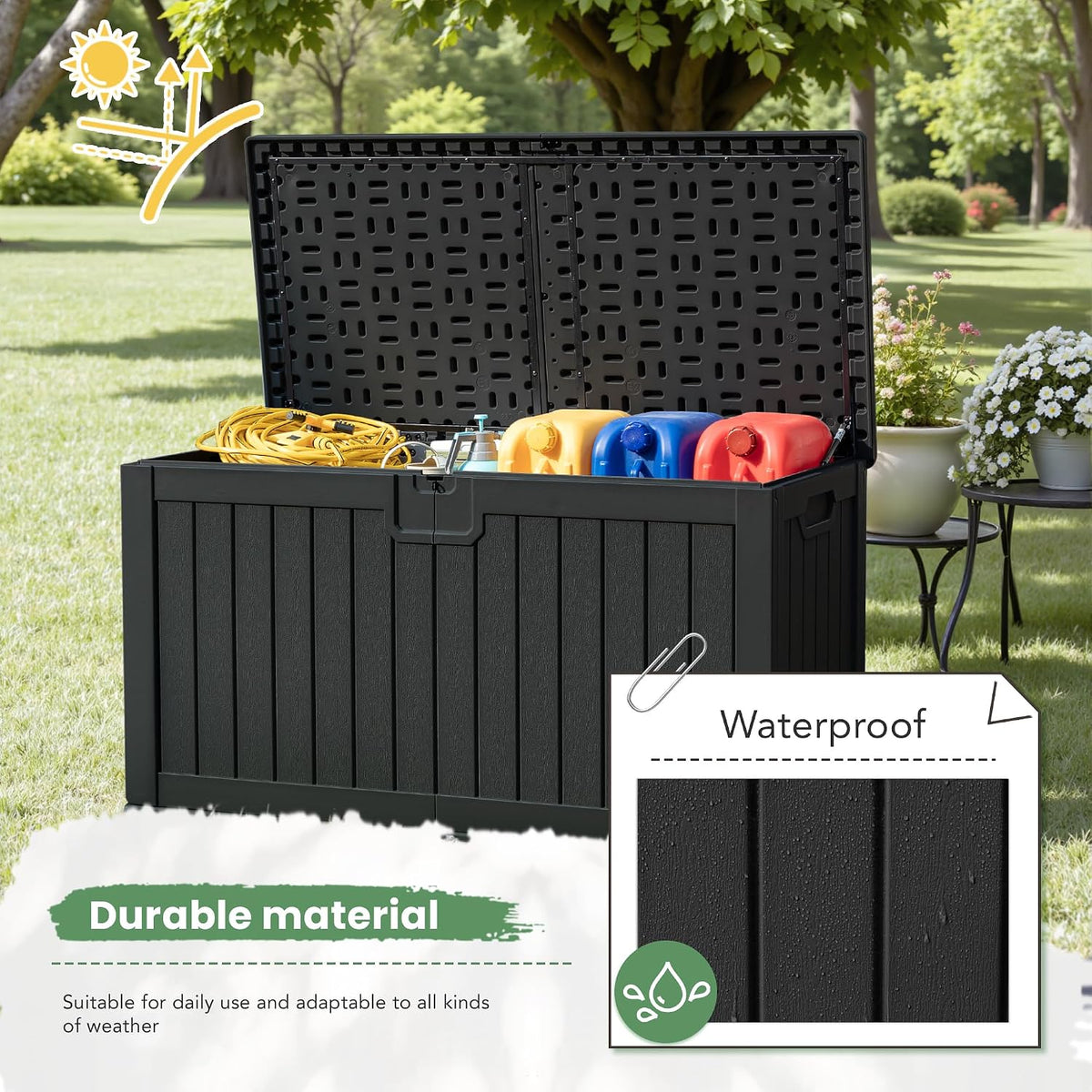 greesum 230 gallon hdpe outdoor storage box with showing dimensions