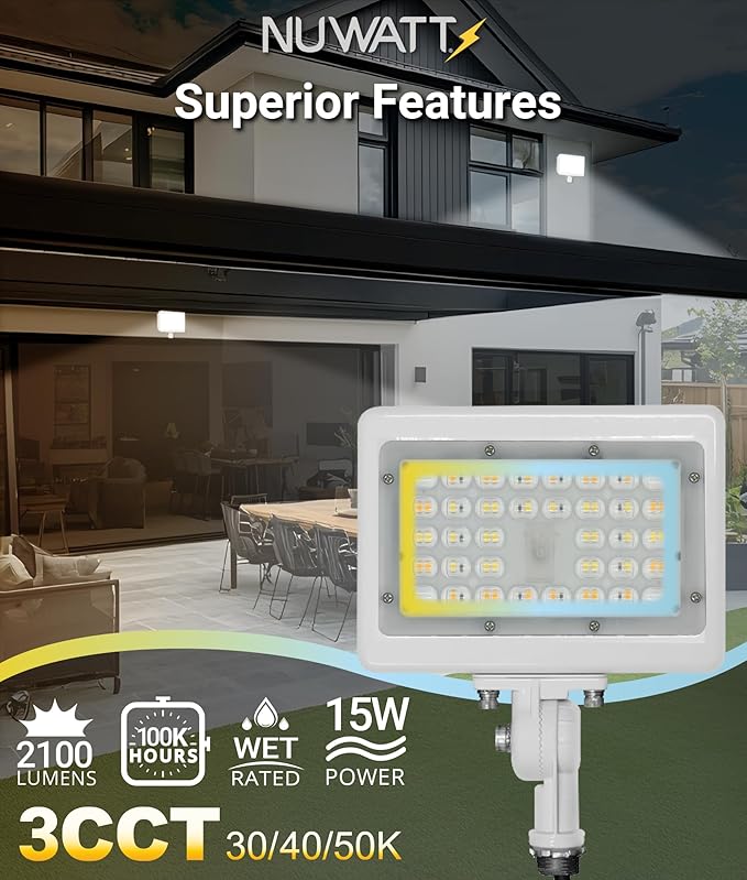 NUWATT 15W LED Flood Light, 3CCT 3000K/4000K/5000K Selectable, IP65 Waterproof