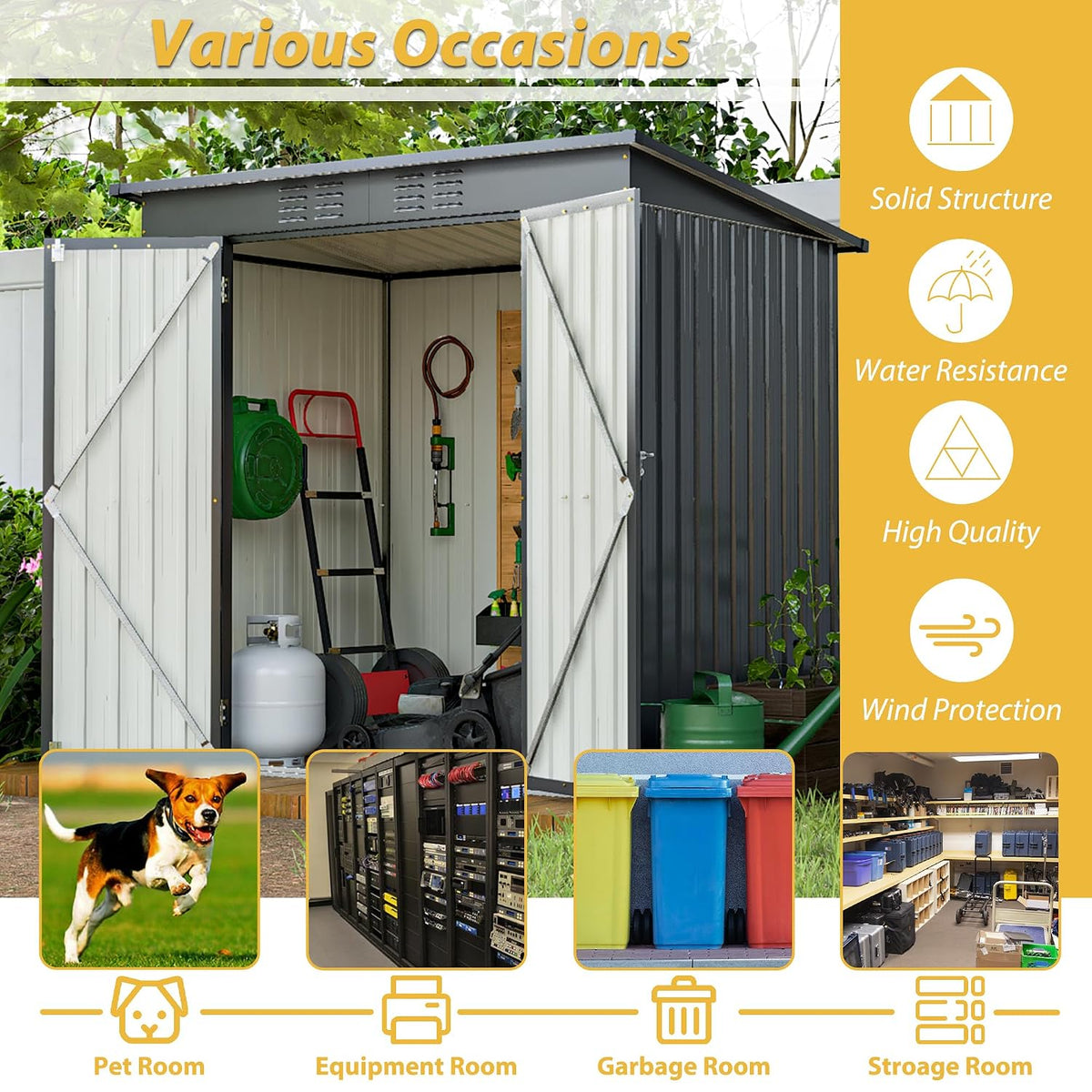 6x4 FT Galvanized Steel Garden Sheds with Ventilation and Sloped Roof, Metal Storage Locker Includes A Lock,Key & Hinged Doors,2 Pairs of Gloves,for Tool,Equipment,Black