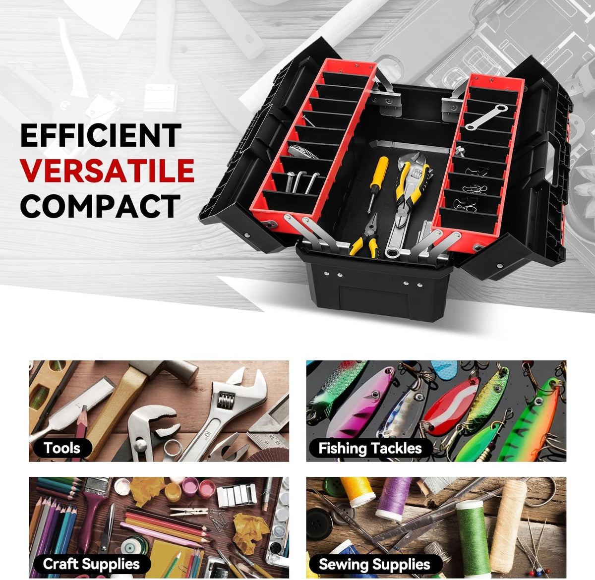 auto dynasty foldable 2-layer tool box w/non-slip handle showing dimensions