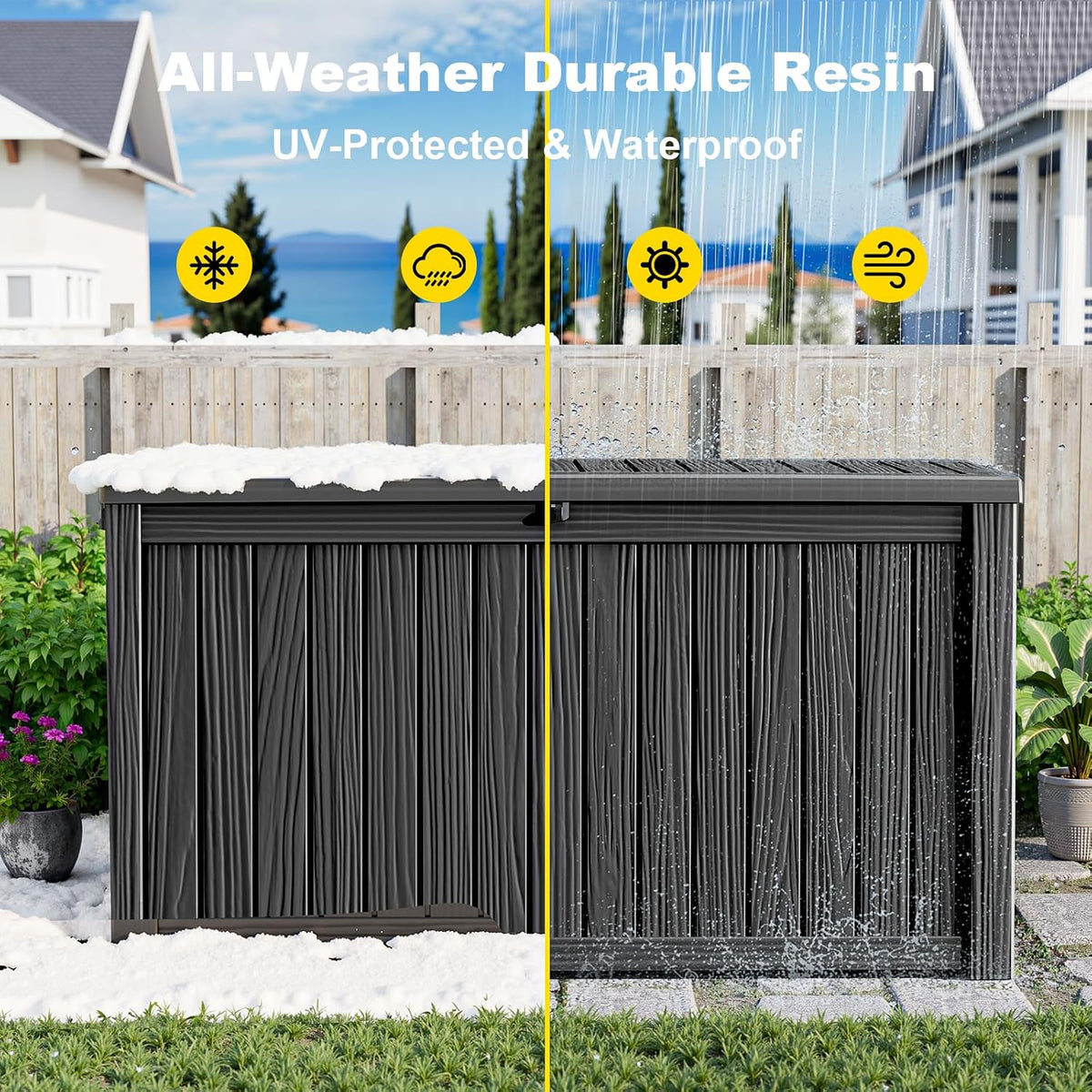 230 gallon outdoor deck box, resin waterproof storage on a desk or shelf