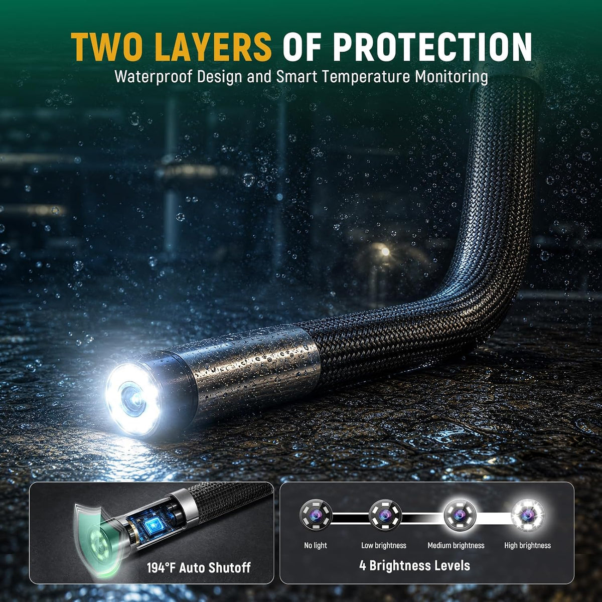 sata articulating borescope camera with light, 210° two-way showing dimensions