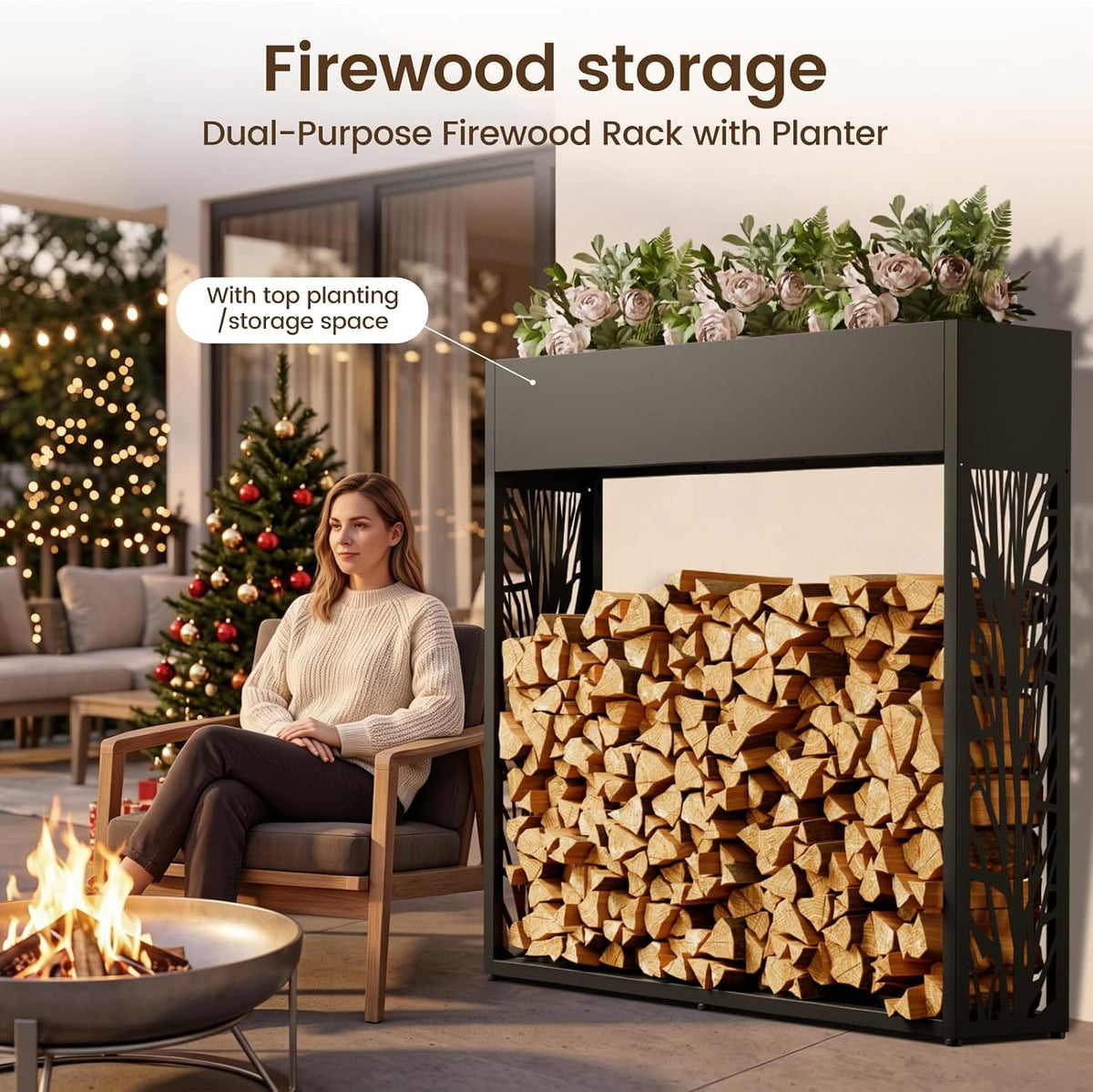 4ft firewood rack outdoor, fire wood log storage shown in use