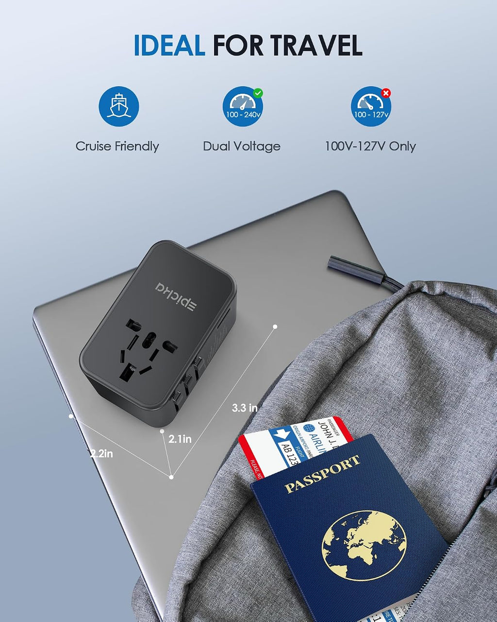 EPICKA 75W GaN PD Universal Travel Adapter, 3USB-C/2USB-A | International Power Adapter for EU/US/UK/AU, Fast Charging for Multi-Device Travel, TA-105 Max, Black