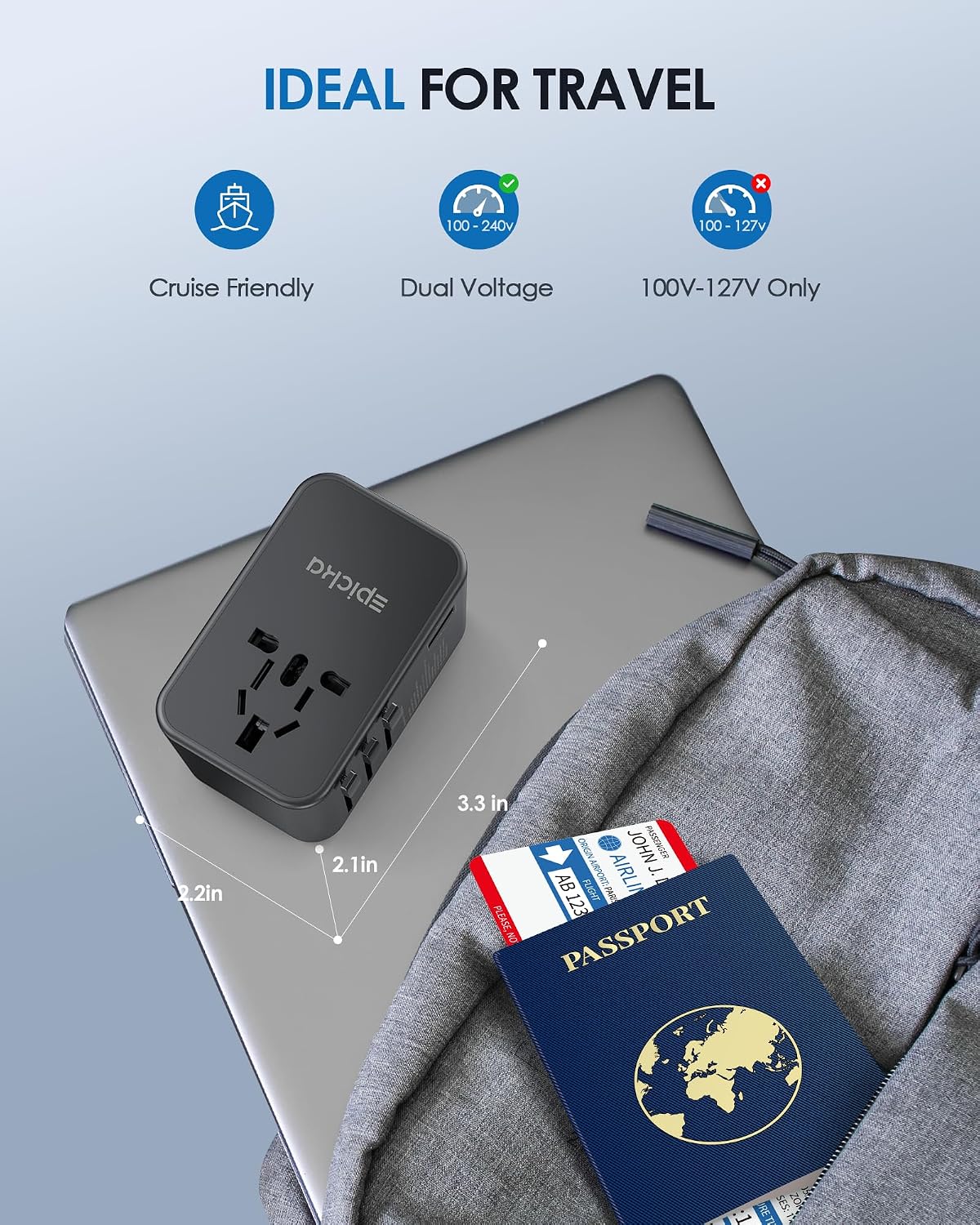 EPICKA 75W GaN PD Universal Travel Adapter, 3USB-C/2USB-A | International Power Adapter for EU/US/UK/AU, Fast Charging for Multi-Device Travel, TA-105 Max, Black
