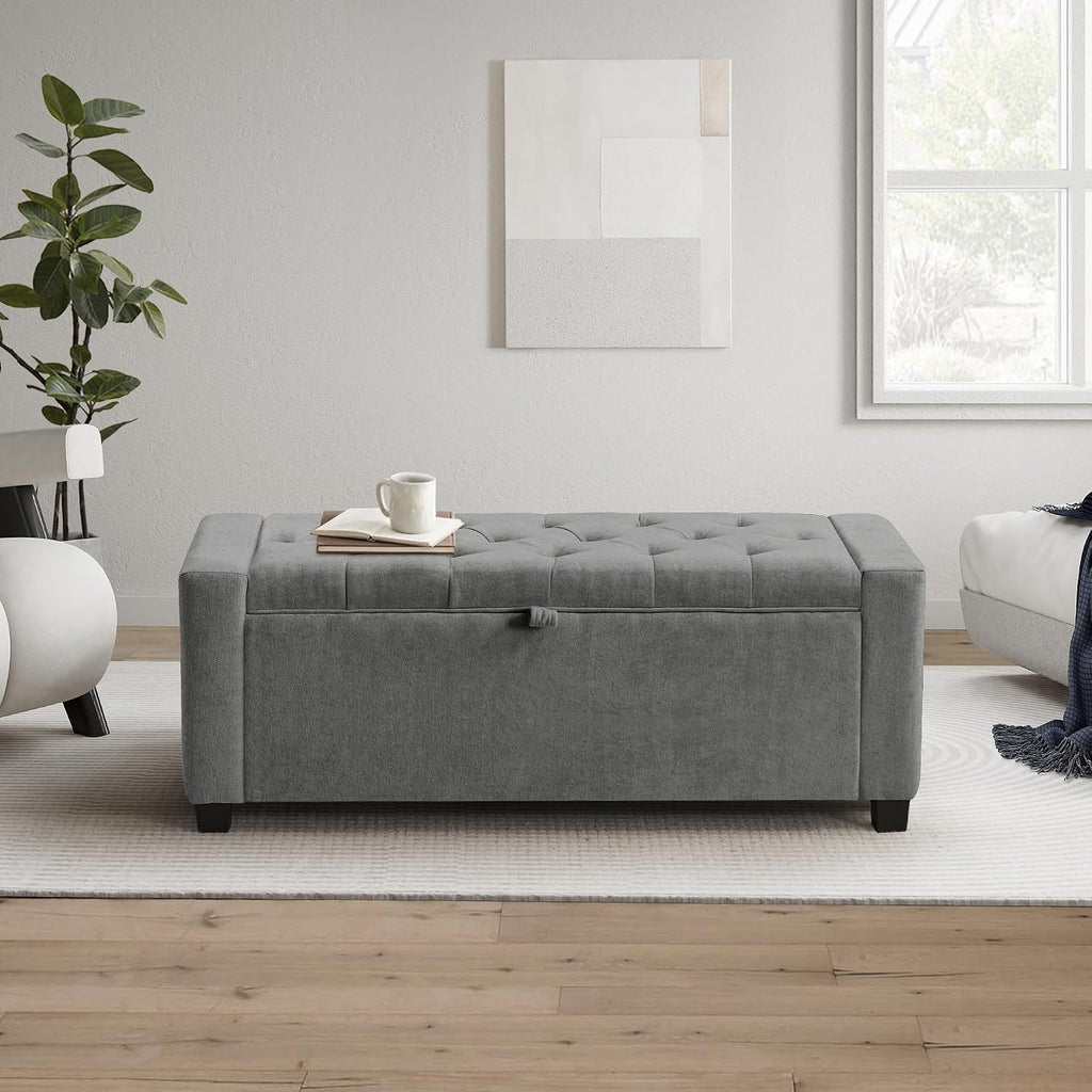 grainell 42.13” storage ottoman bench, upholstered tufted bedroom shown in use