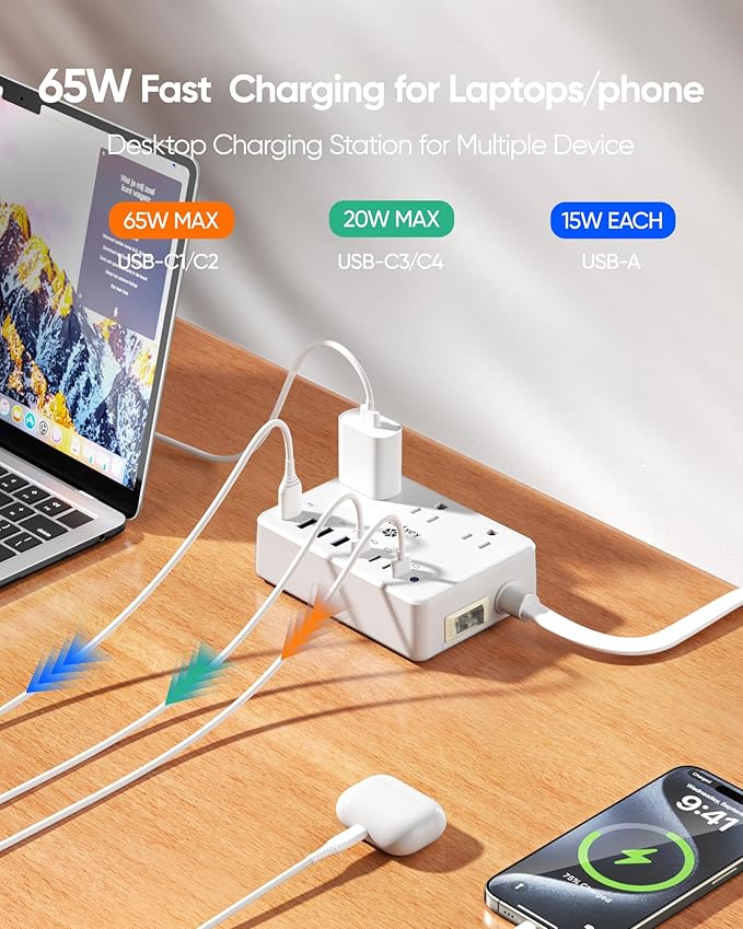 Kakyanill 100W Charging Station, 6 AC Outlets 8 USB Power Strip