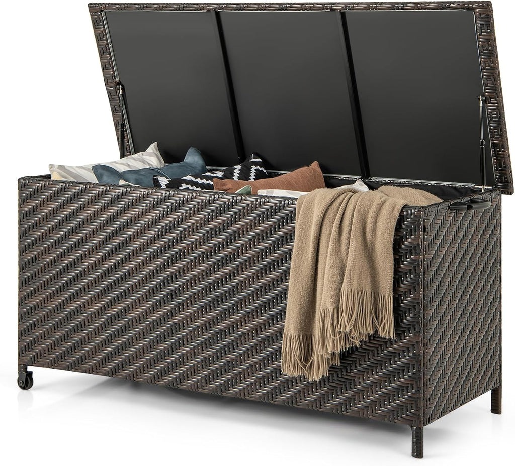 Tangkula Tightly-Woven Rattan Deck Box, Patiojoy Storage Cabinet Container with Polyester Liner, Universal Wheels & Gas Strut, 85 Gallon Indoor Outdoor Storage Box for Pillows, Cushions (Brown)