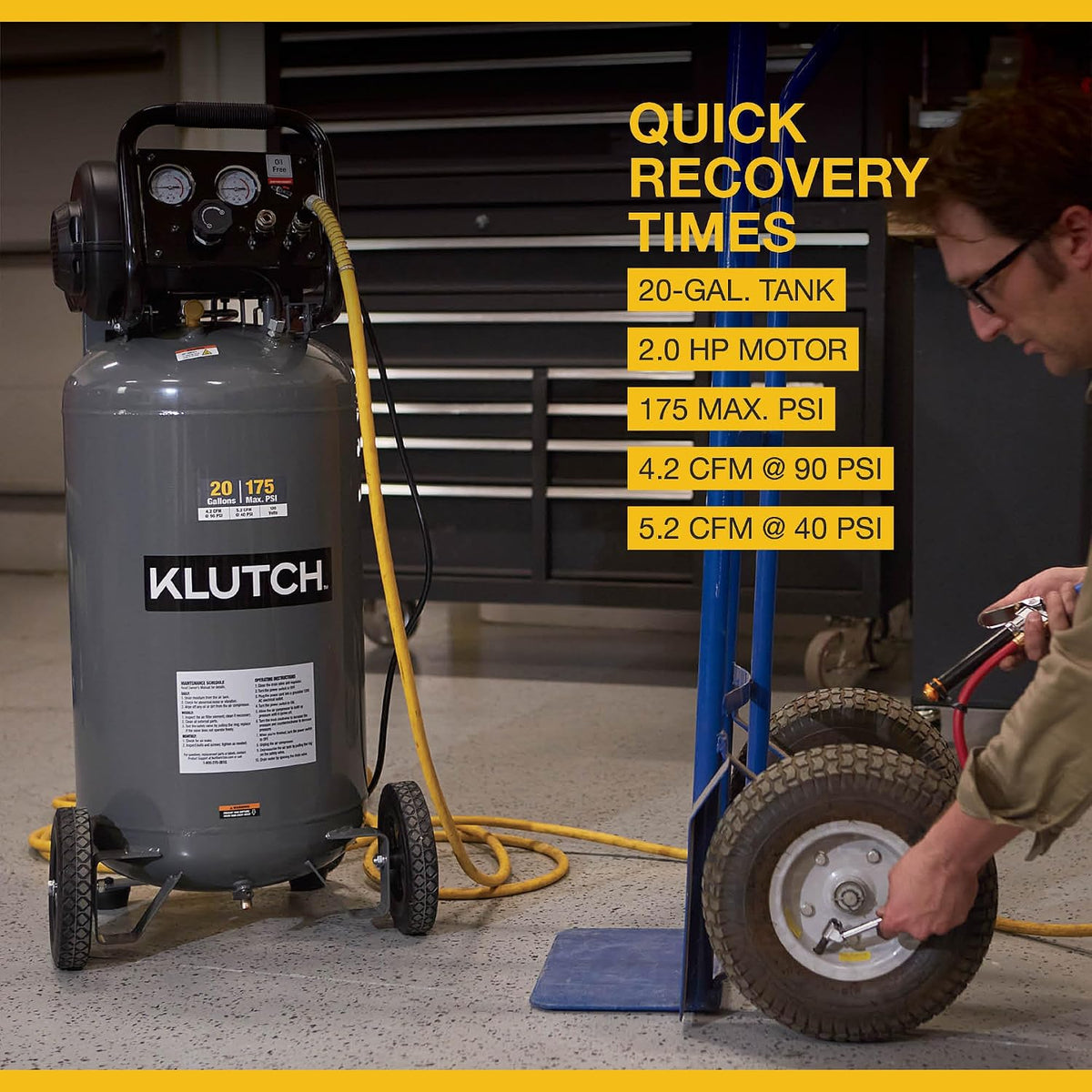 Klutch 20-Gallon Air Compressor, 2 HP, 120V