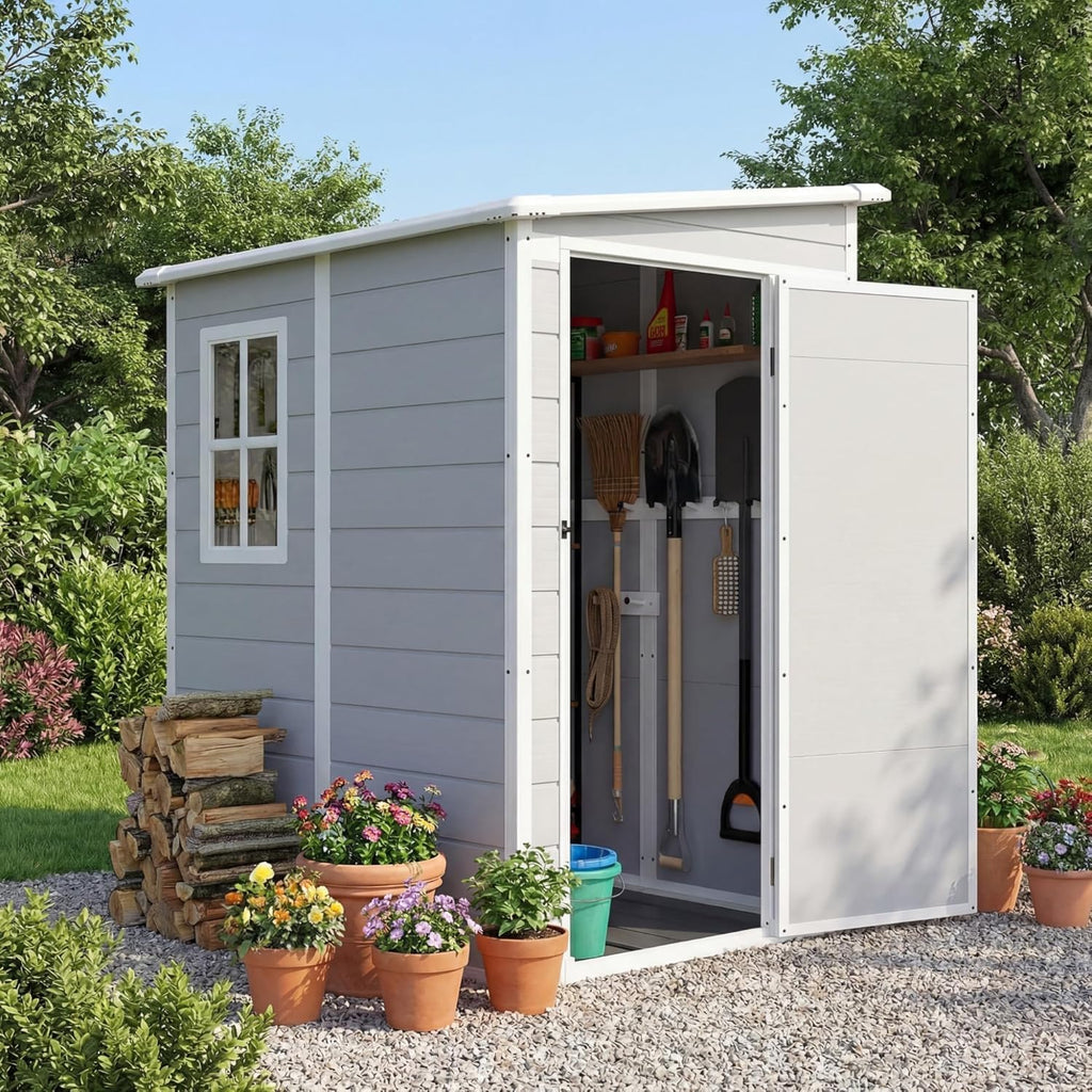 Devoko 5 x 4 FT Plastic Outdoor Storage Shed with Floor, Light Grey