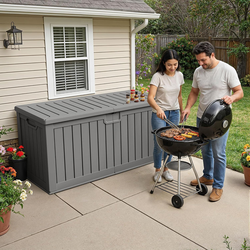240 gallon hdpe deck box outdoor indoor waterproof shown in use