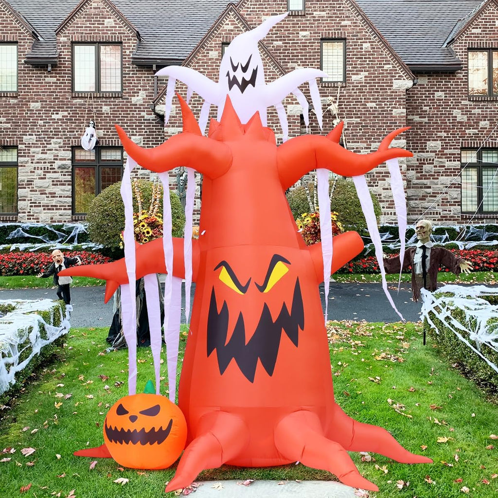 GOOSH 10 FT Halloween Inflatables Tree Outdoor Decorations Blow Up Yard Scary Dead Tree with Pumpkin and Ghost with Built-in LEDs for Garden Lawn Indoor Party Decor