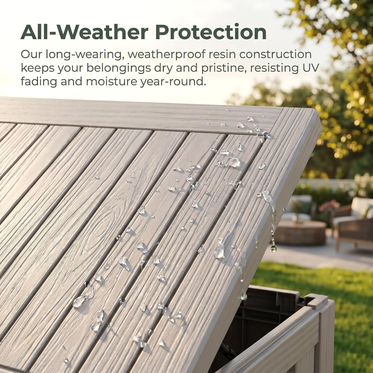 80 gallon deck box, waterproof resin outdoor storage, close-up detail