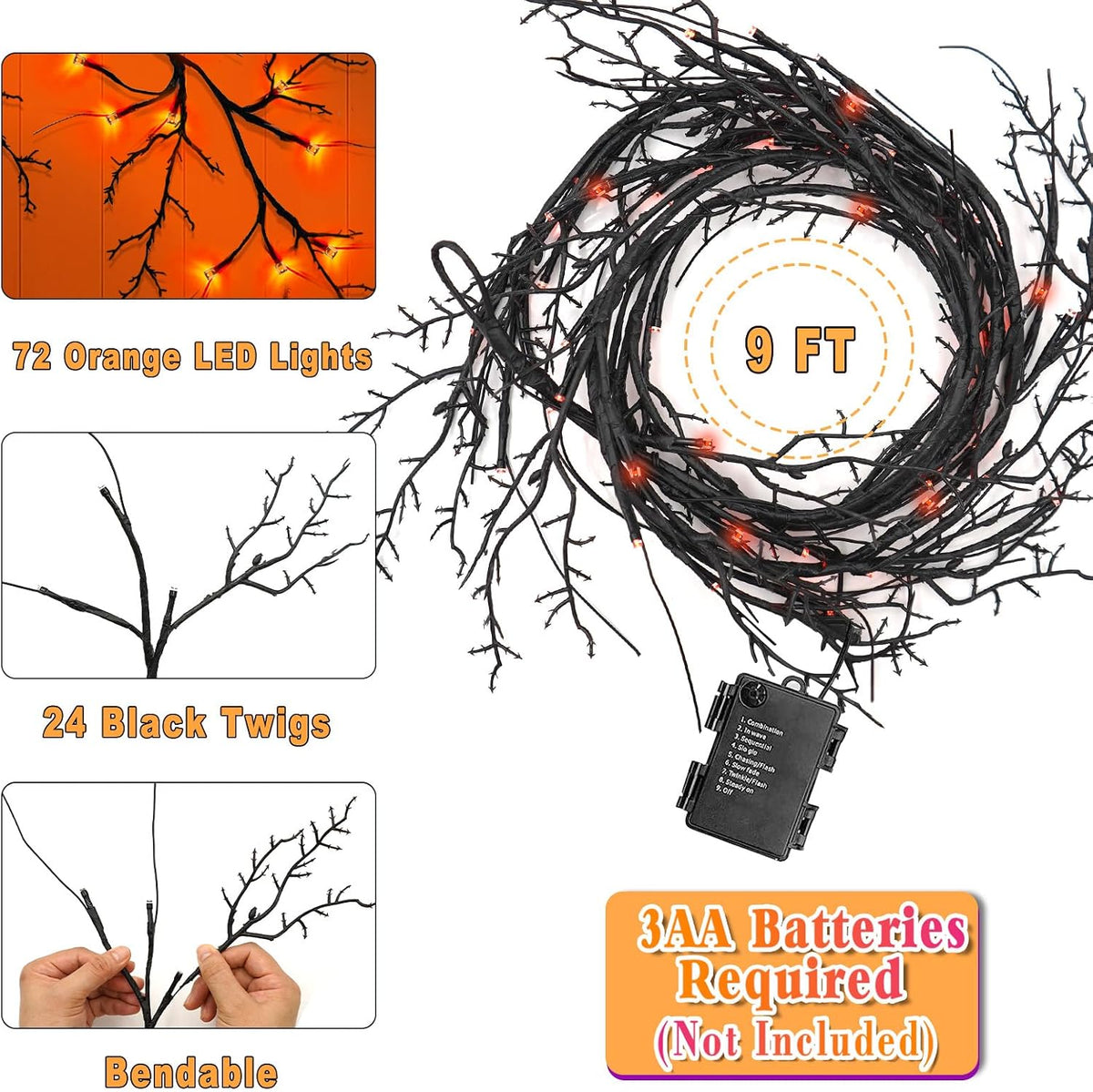 [8 Modes & Timer] 9 Ft Halloween Garland Willow Vine Twig Decor with 72 LED Orange Lights - Waterproof Battery Operated Indoor Wall Fireplace Decorations