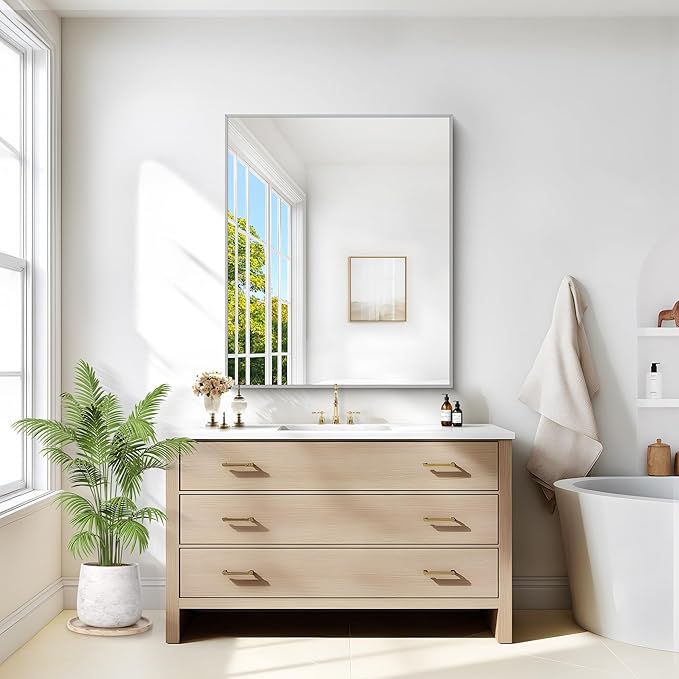 Silver Bathroom Mirror for Wall, 30x36 Inch Rectangle