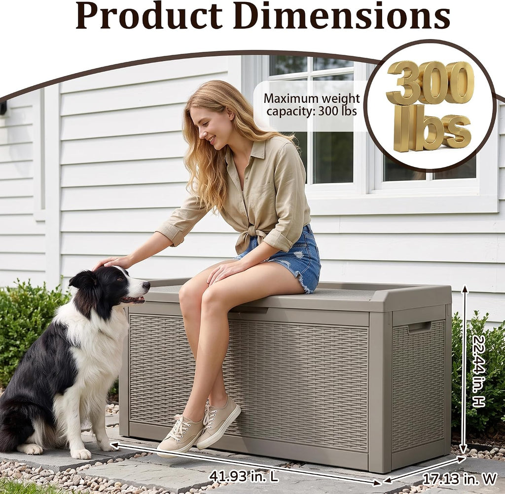outdoor storage box,80 gallon lockable deck box,grey showing dimensions