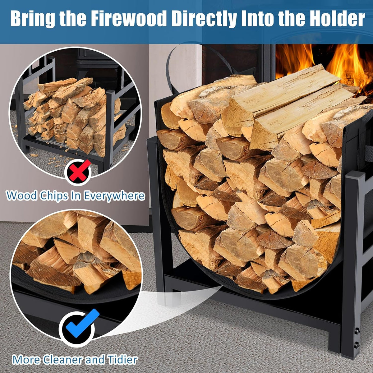 mofeez firewood rack log holder indoor with wood, side view