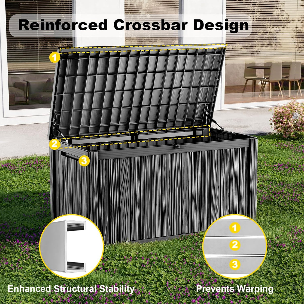 patiozen 200 gallon deck box, outdoor storage box, side view
