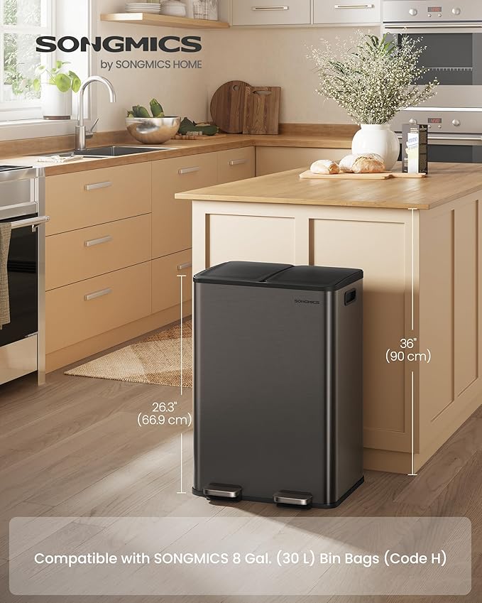SONGMICS Trash Can, 2 x 8 Gallon Dual-Compartment Garbage Can