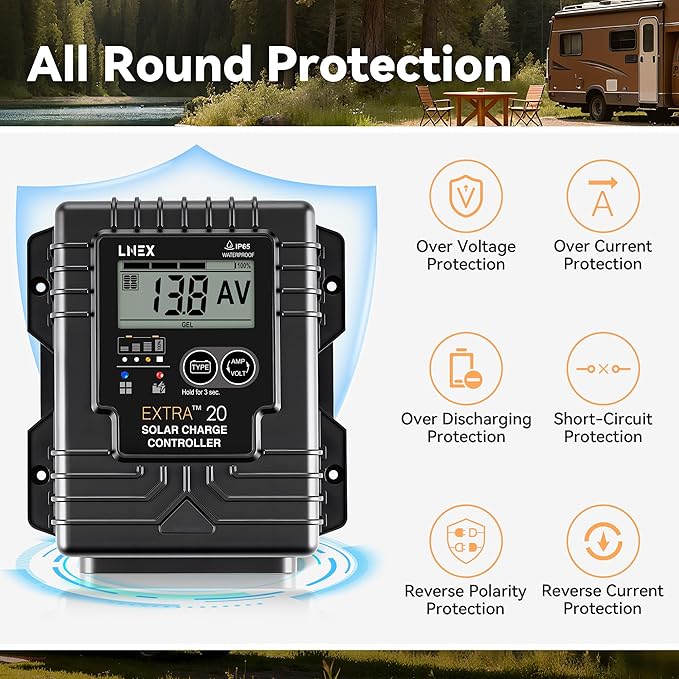 LNEX Solar Charge Controller Waterproof, 20A Solar Panel Regulator